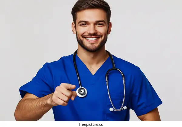 Smiling Doctor Pointing in a Professional Medical Setting