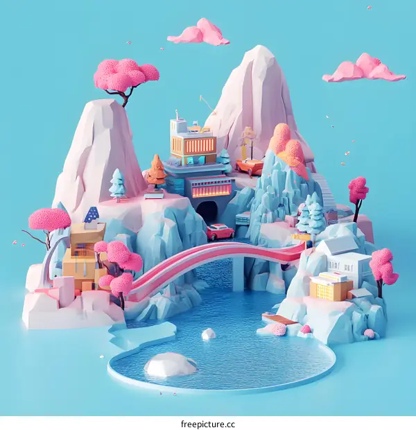 Low Poly Landscape with Houses and Mountains