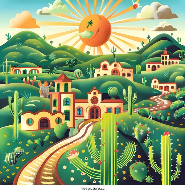 Illustration of a Landscape with Cacti and Buildings