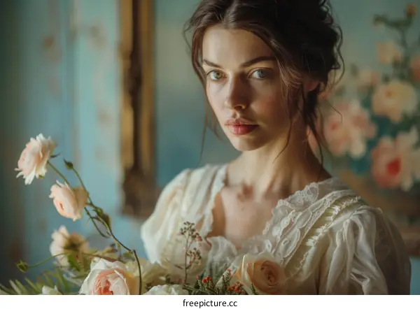Elegant Woman in Vintage Dress with Flowers