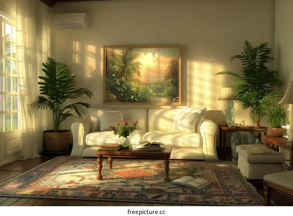 Tropical Living Room Interior with White Sofa and Plants