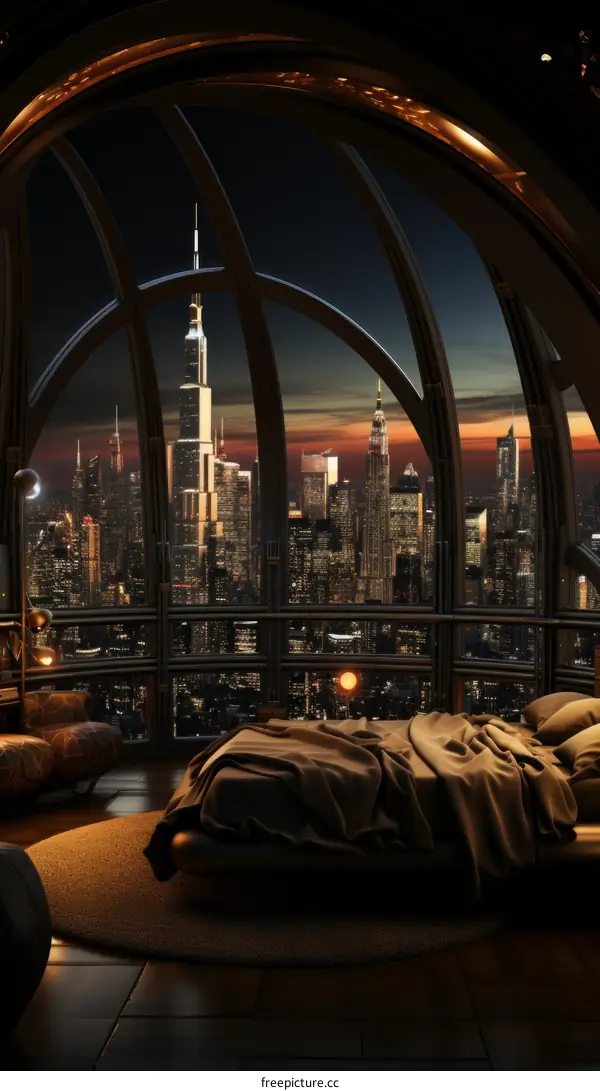 A bedroom with a view of the city at night