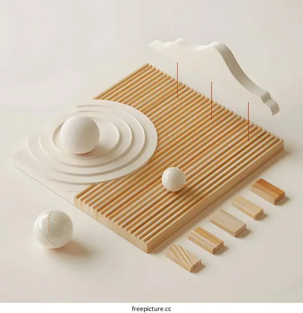 Minimalist Abstract 3D Render of Wooden and White Objects