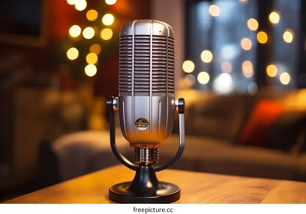 Retro silver microphone on wooden table with blurred background