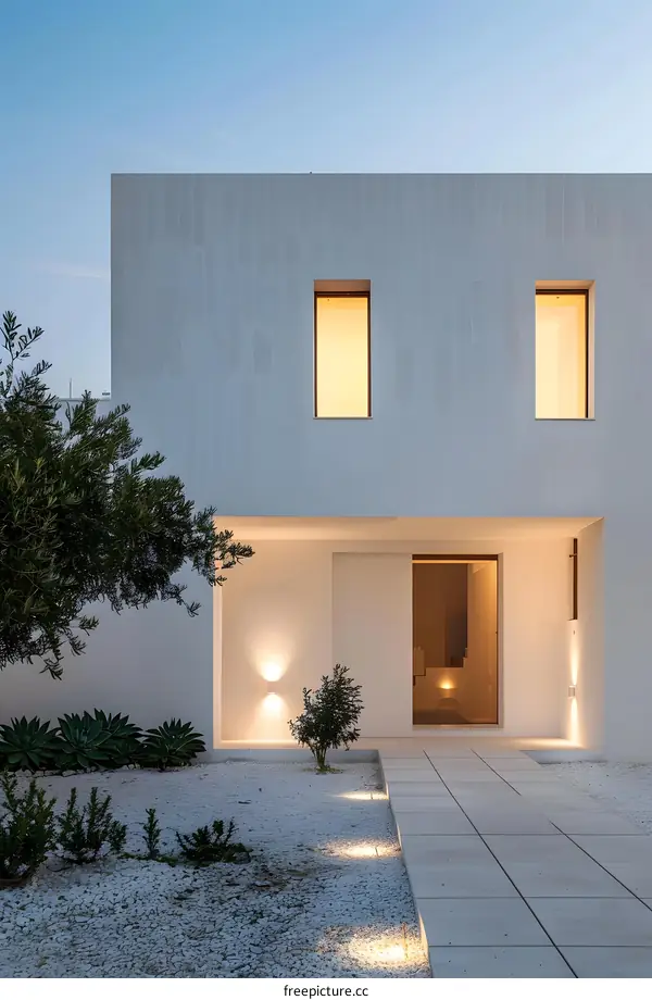Modern White House With Two Windows and A Walkway