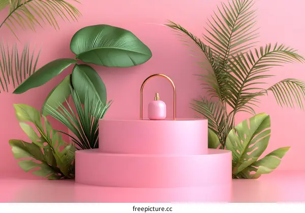 Pink and Green Tropical Product Display with Perfume Bottle