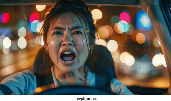 A woman is driving a car and she is very angry.