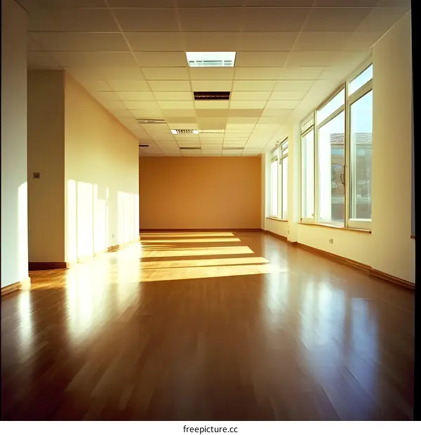 Sunlight streaming through windows in an empty office space