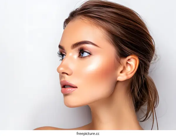 portrait of a beautiful young woman with brown hair and blue eyes