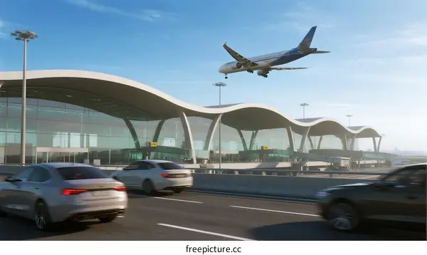 Airplane taking off over modern airport terminal with traffic