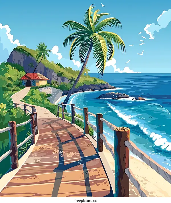 Tropical Beach Landscape with Palm Trees and Wooden Path