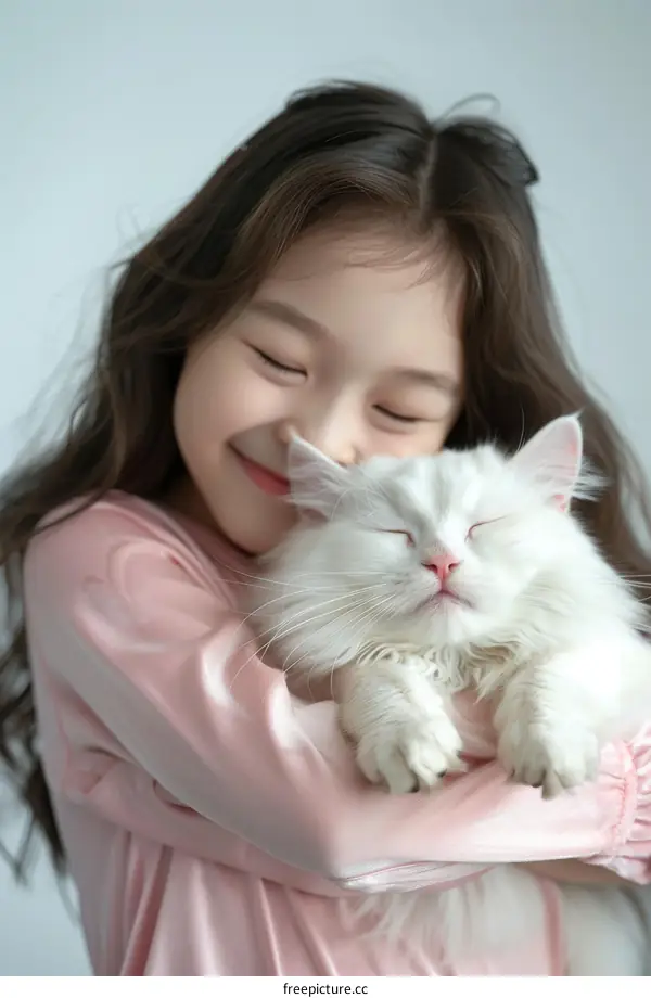 An Asian girl hugging a white cat