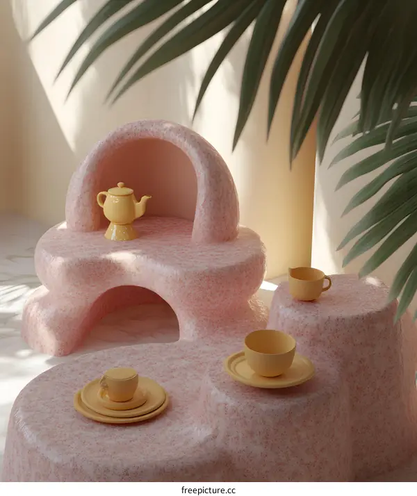 Abstract Yellow Teapot and Cups on Pink Terrazzo Base