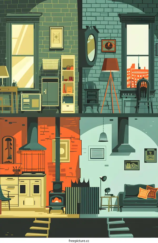 Vintage Style Interior Illustration of a Modern Apartment