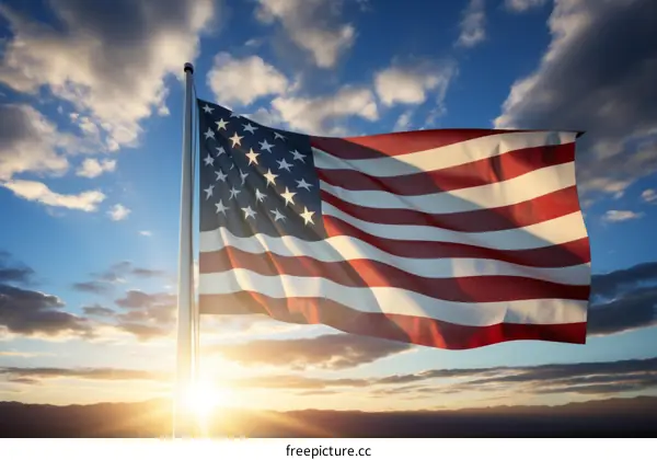 American flag waving in the wind at sunset