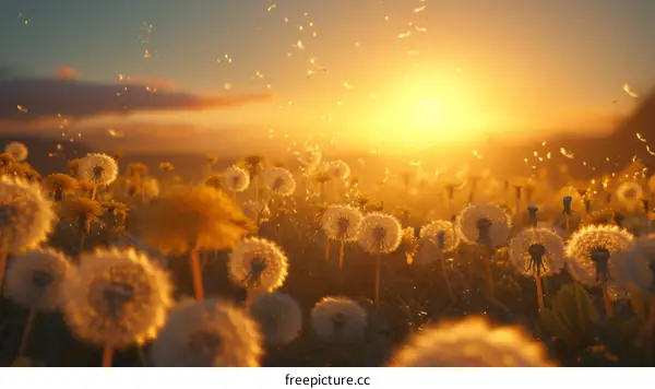 Sunset over a field of dandelions