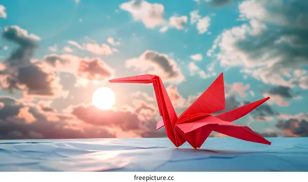 origami of a red-crowned crane under the sunset