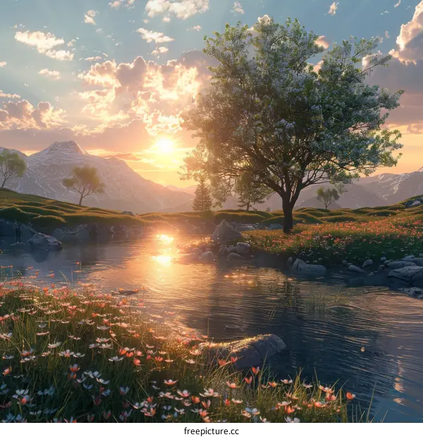 Peaceful Mountain Lake Sunset with Blooming Flowers