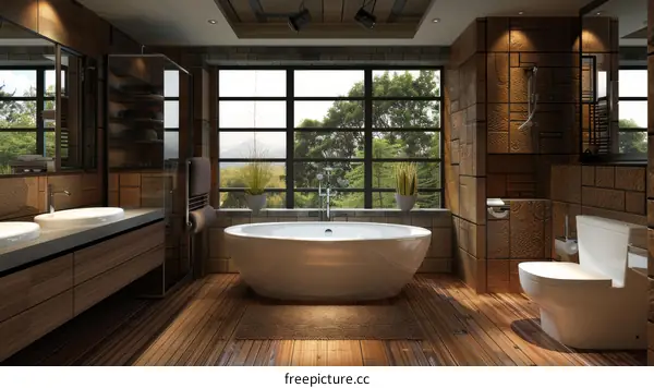 Luxury bathroom interior with large bathtub and wooden wall tiles