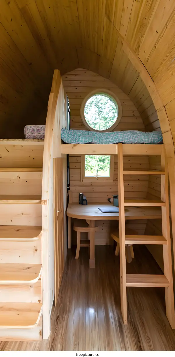 Wooden Cabin Interior With Bunk Bed And Table