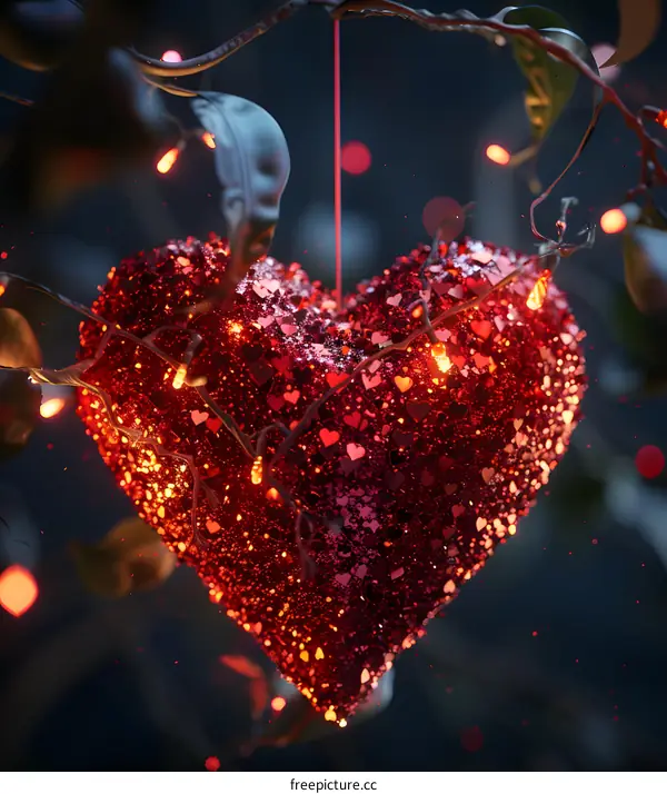 A red glitter heart ornament hanging from a tree branch