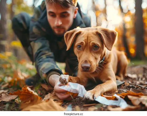 man and dog in the woods