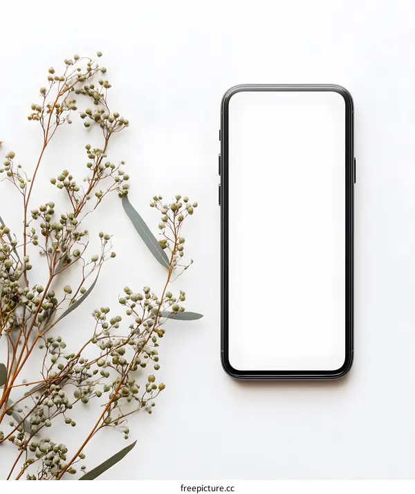 Minimalist Flat Lay Phone Mockup with White Background and Green Branches