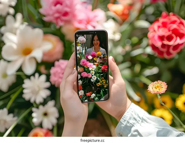 Woman Taking a Picture of Flowers on a Phone