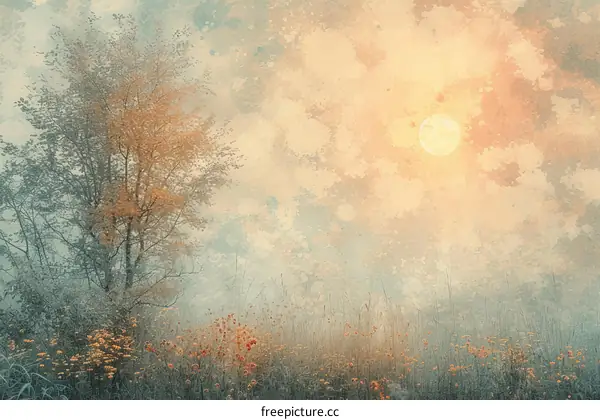 Misty forest landscape with a large tree and a bright shining moon