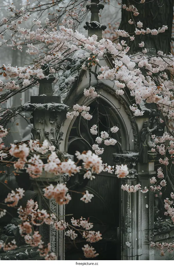 Pink Blossoms Blooming Over A Graveyard Archway