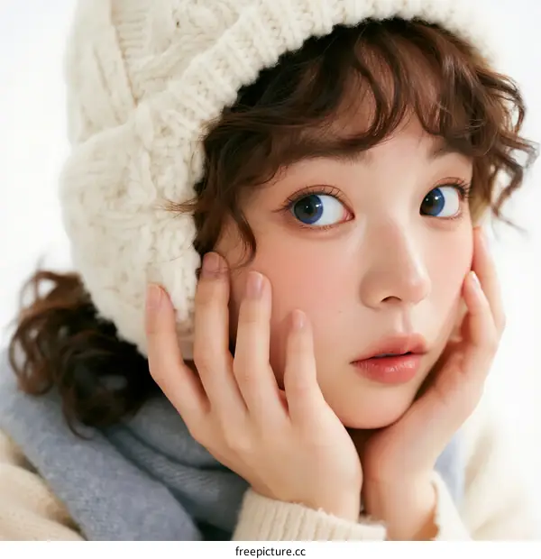 A Young Woman with Curly Hair Wearing Knitted Hat and Scarf