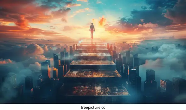 A businessman walking up a flight of stairs towards a bright future