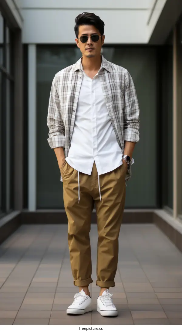 Asian man wearing a white shirt, brown pants, and white sneakers