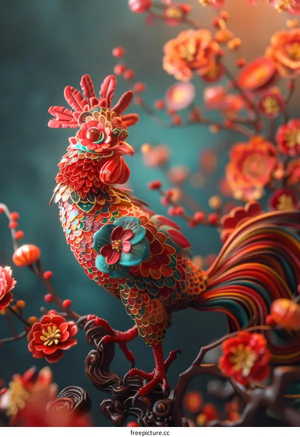 Auspicious Paper-cut Rooster with Chinese Elements