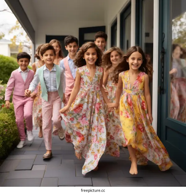 A group of happy children running in a hallway