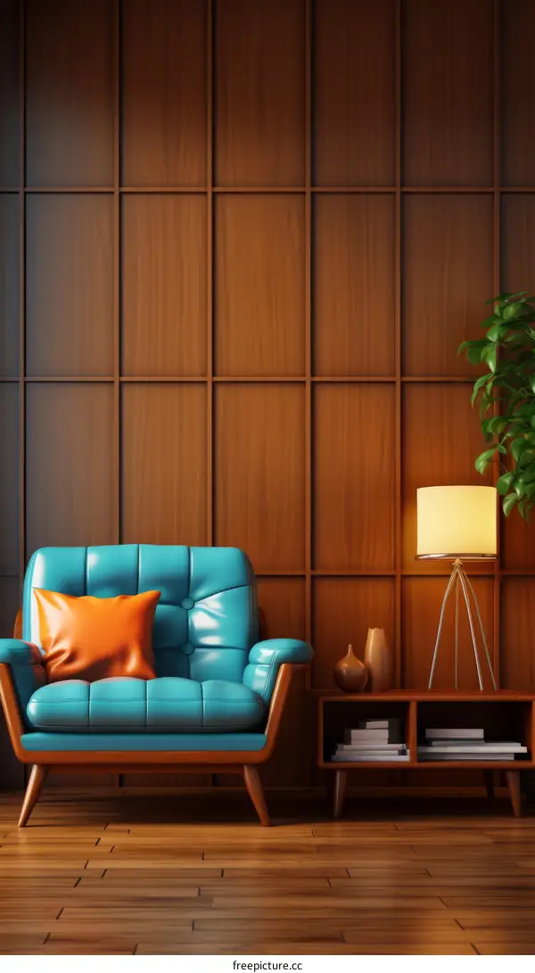 Blue retro armchair in a mid-century modern living room