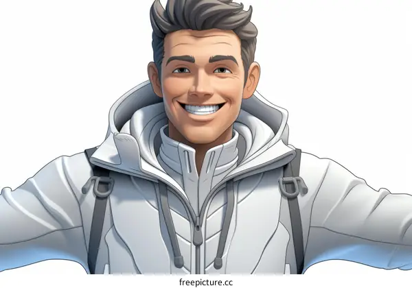 Illustration of a young man in a white jacket smiling