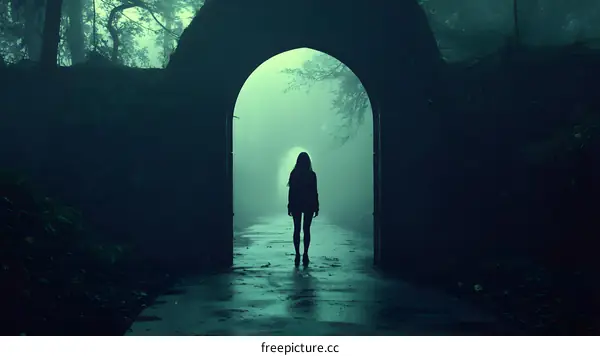 Mysterious Woman Walking Through an Ancient Archway
