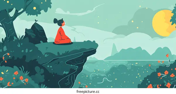 Woman Meditating on Clifftop with Beautiful Scenery
