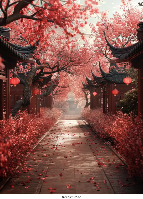 Chinese Courtyard with Crimson Lanterns and Blooming Sakura