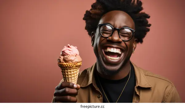Black man laughing while eating ice cream