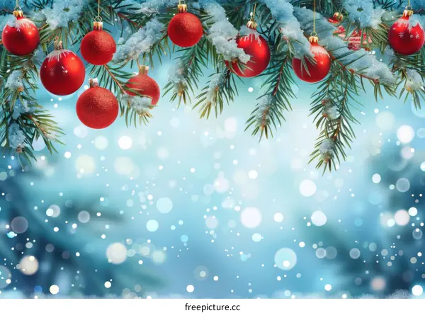 Christmas ornaments hanging on a snowy branch