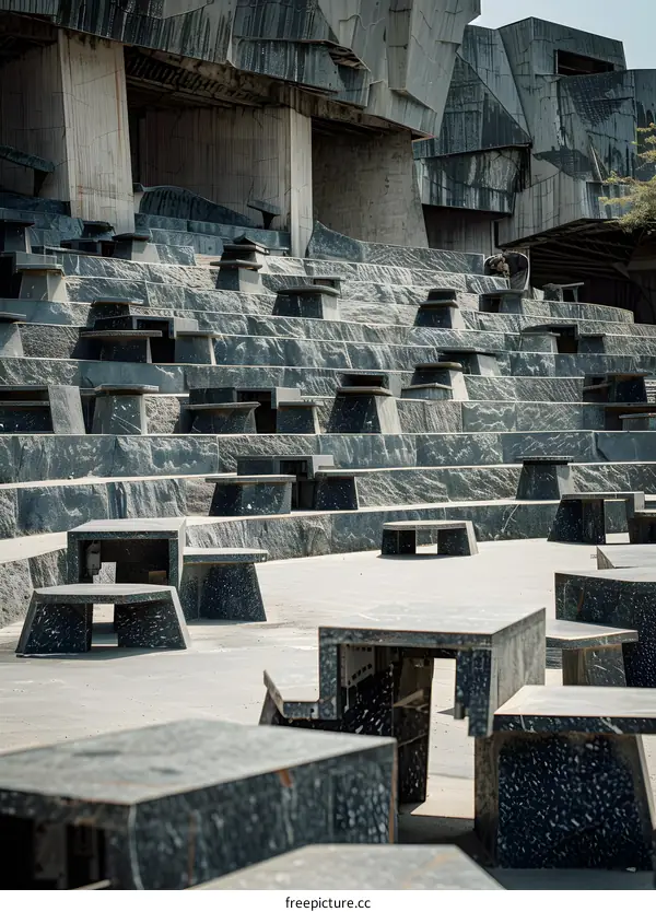 Stone Seats and Tables in a Modern Building