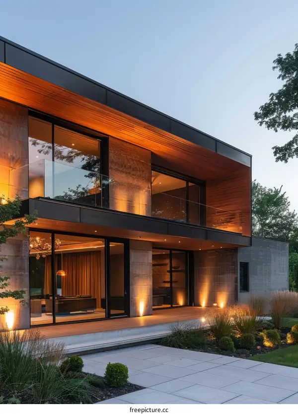 Modern House with Large Glass Windows and Garden