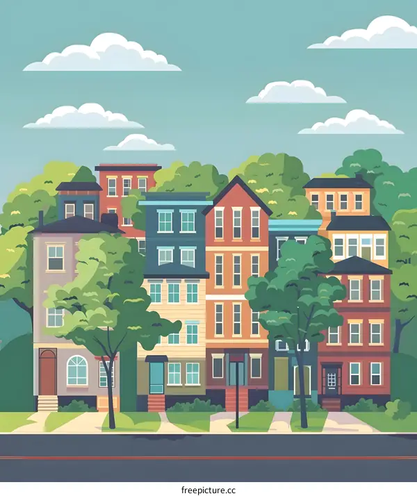 Colorful Houses on a Sunny Day with Green Trees