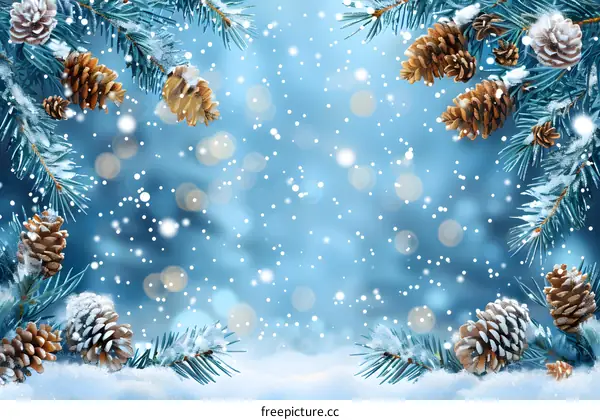 Snowy pine branches with cones on blue background