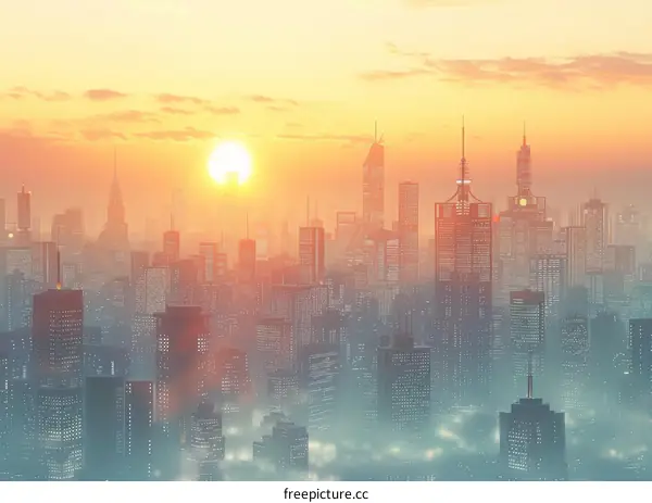 Futuristic city with sunlight and towering skyscrapers
