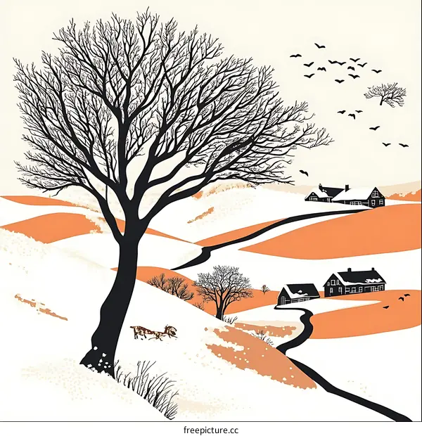Winter Landscape with Bare Tree and Two Houses