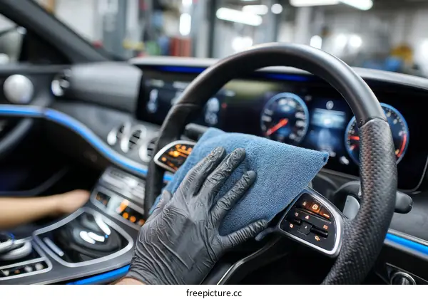 Car Interior Cleaning with a Blue Microfiber Cloth