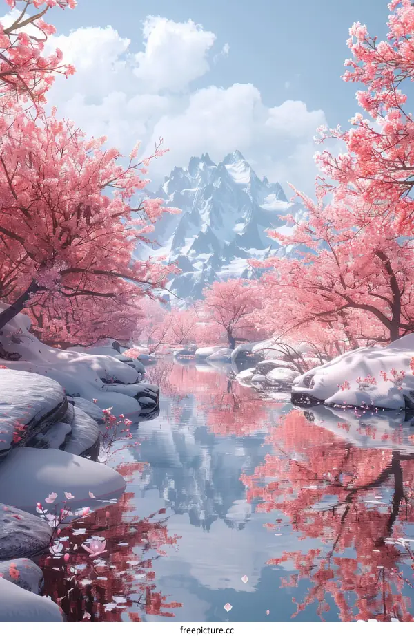 Winter Wonderland: Snow-Covered Mountains and Cherry Blossoms
